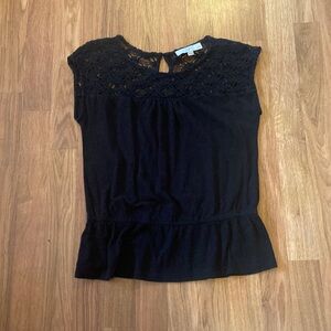 Loft blouse, black, ladies size M petite. Top shoulder/neck area lace, peplum
